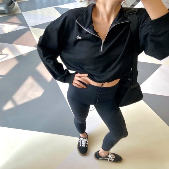 Alo Black Half-Zip Standing Collar Sweatshirt, Fitness and Sports Top - Picture 1 of 6